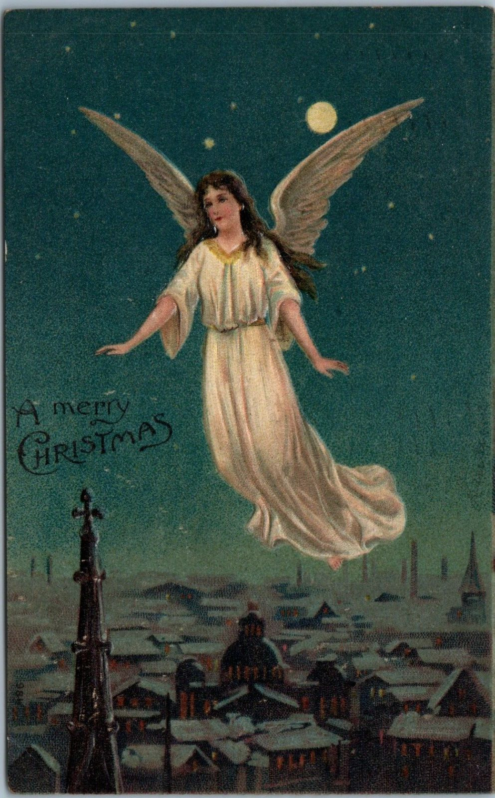 Antique 1907 Embossed Christmas Postcard Angel Flying Over Town Moonlight