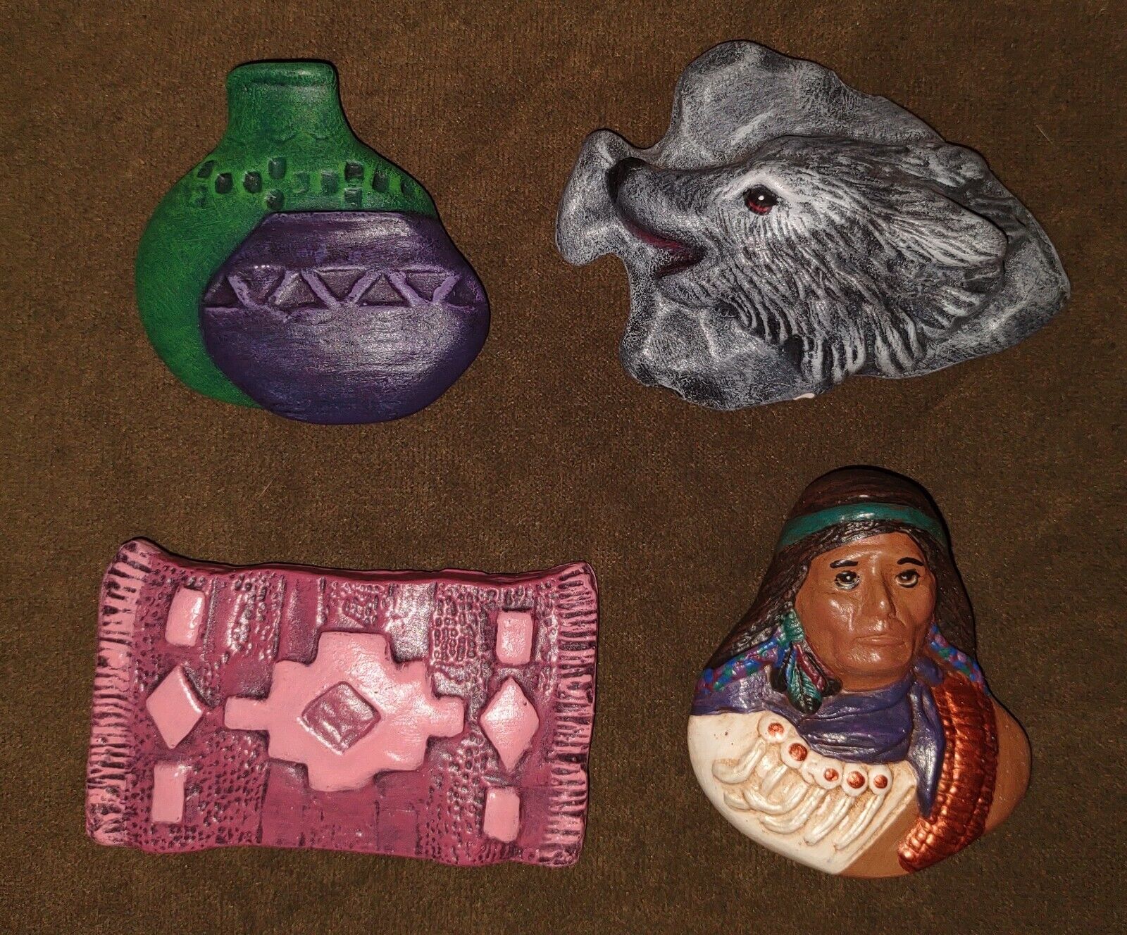 Four Vintage Hand-Painted Ceramic Native American Indian Refrigerator Magnets 