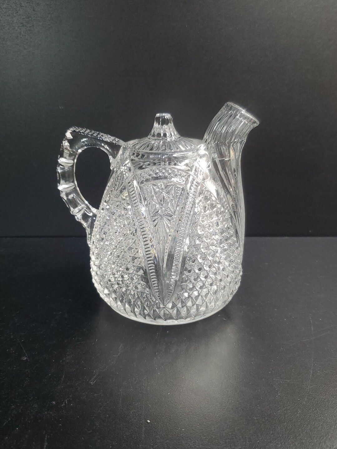 ANTIQUE CLEAR EARLY AMERICAN PRESSED GLASS RUM OR SYRUP JUG; MASSACHUSETTS 5\
