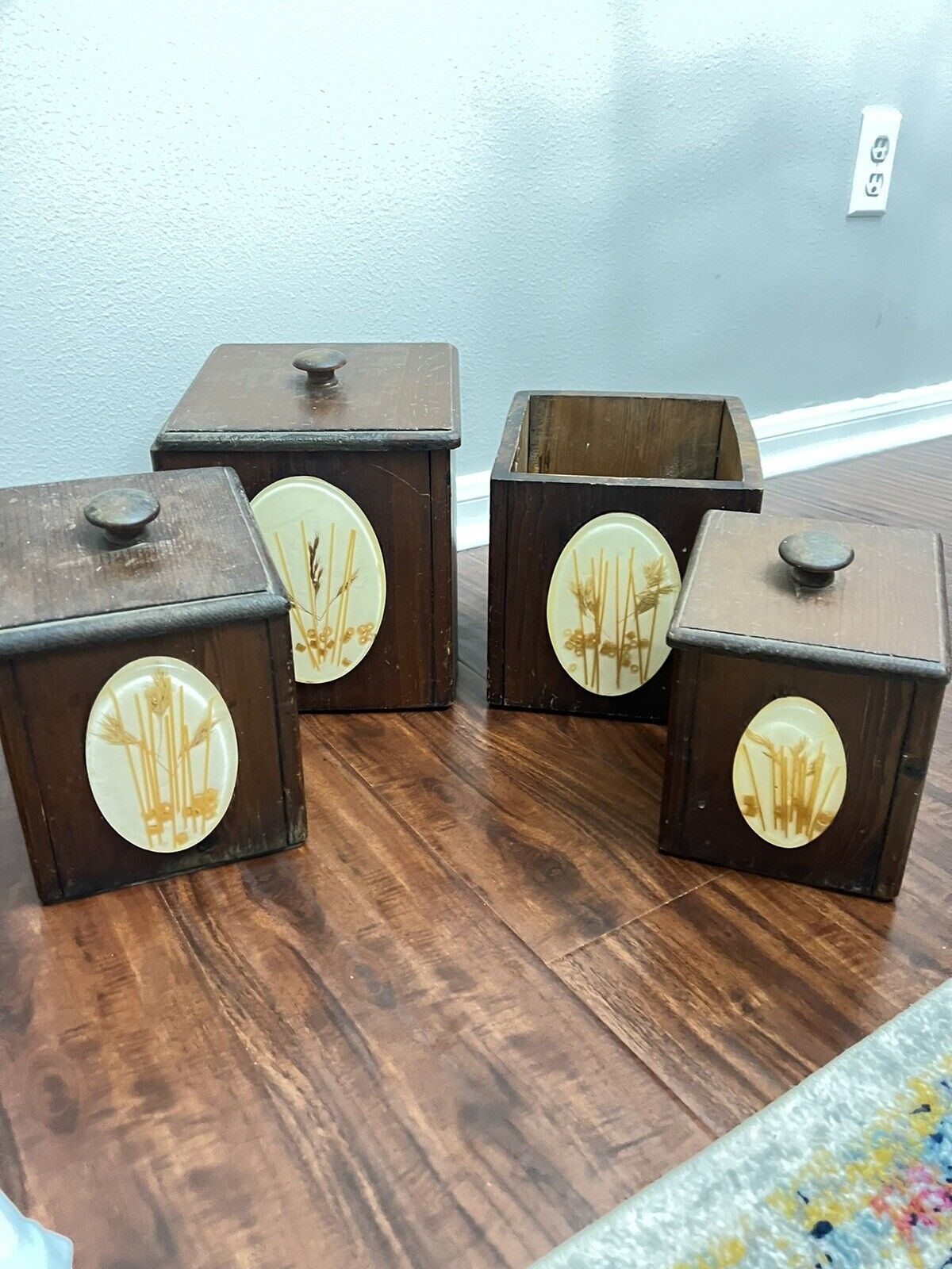 Vintage 4 Piece Wooden Kitchen Canister Set With Lucite Pictures.