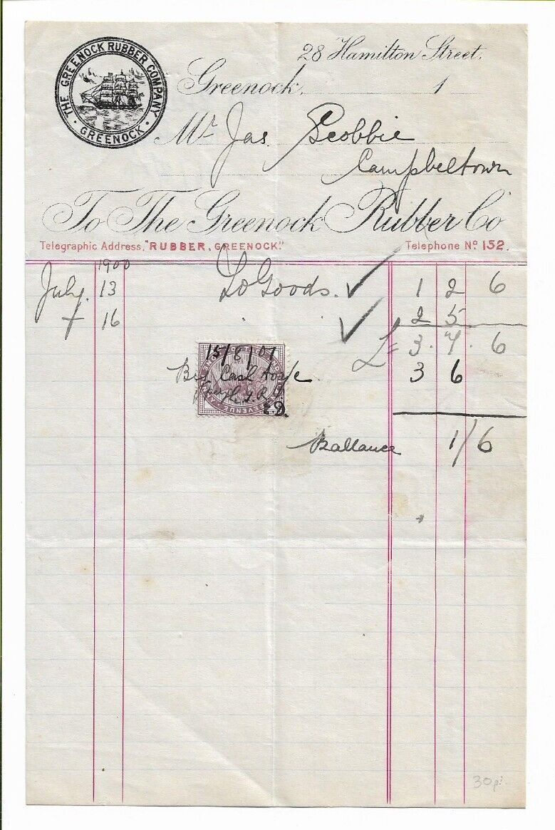 1901 Greenock rubber company, Hamilton street invoice, receipt