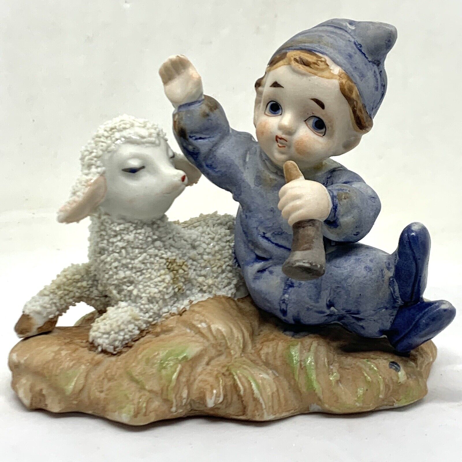 Little Boy Blue With Horn & Sugared Sheep Lamb Vintage Figurine Whimsical Japan
