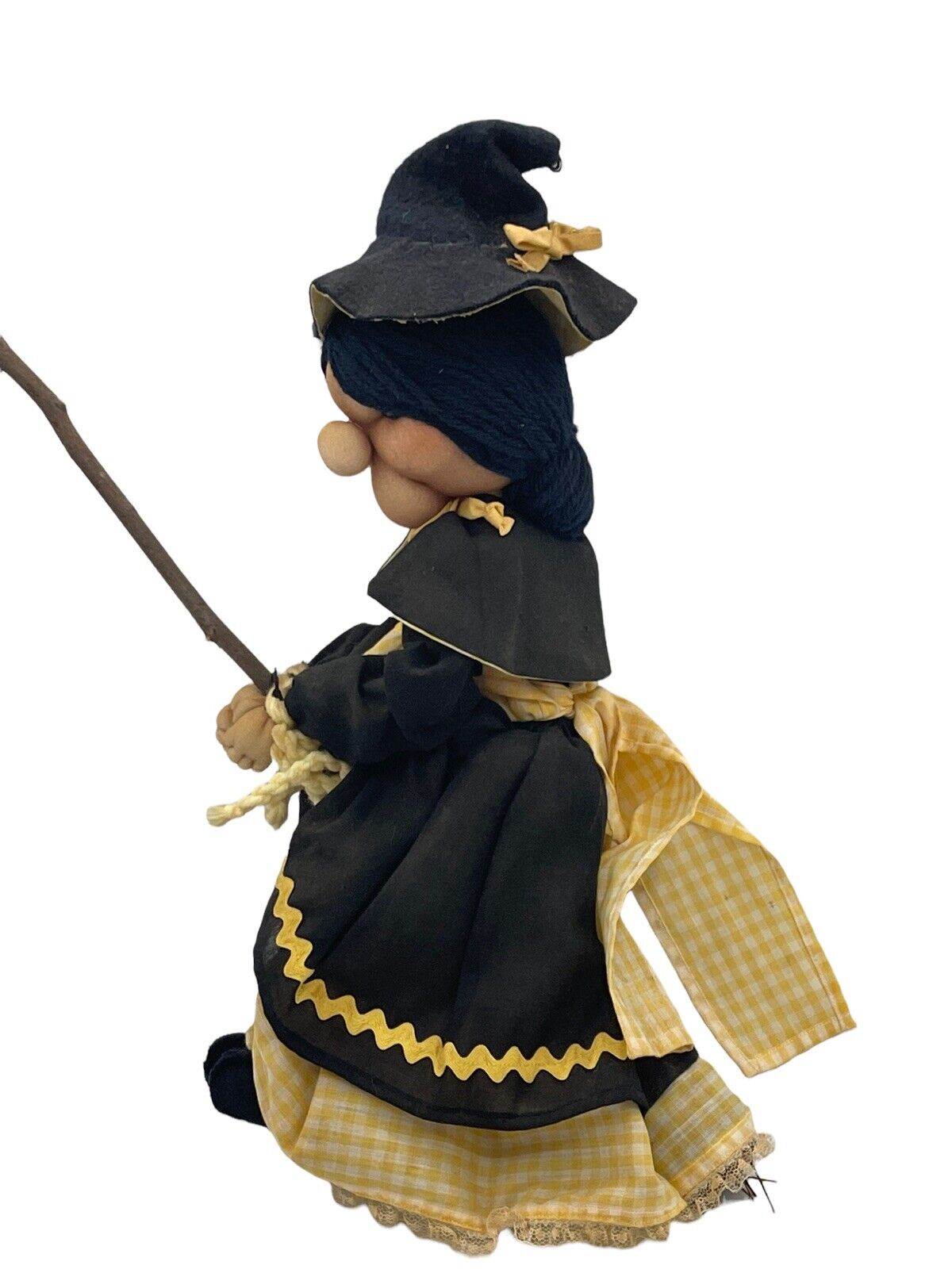 Handmade Angry Witch Doll Halloween Hag with Black Hat Flying On Broom