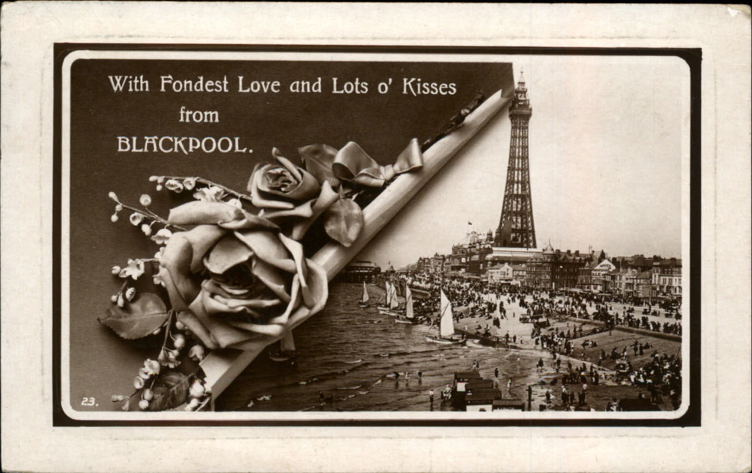 RPPC Blackpool England Tower seaside resort sailboats 1928 real photo postcard