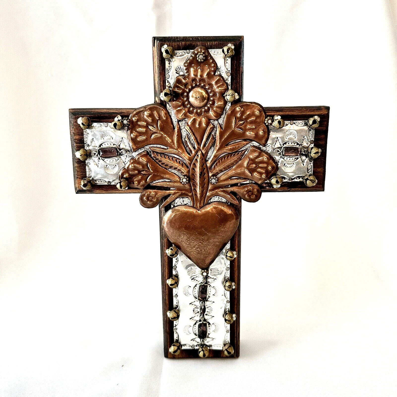 VINTAGE Wood  Signed Dated Cross Milagros Sacred Heart Mexican Folk Art Copper