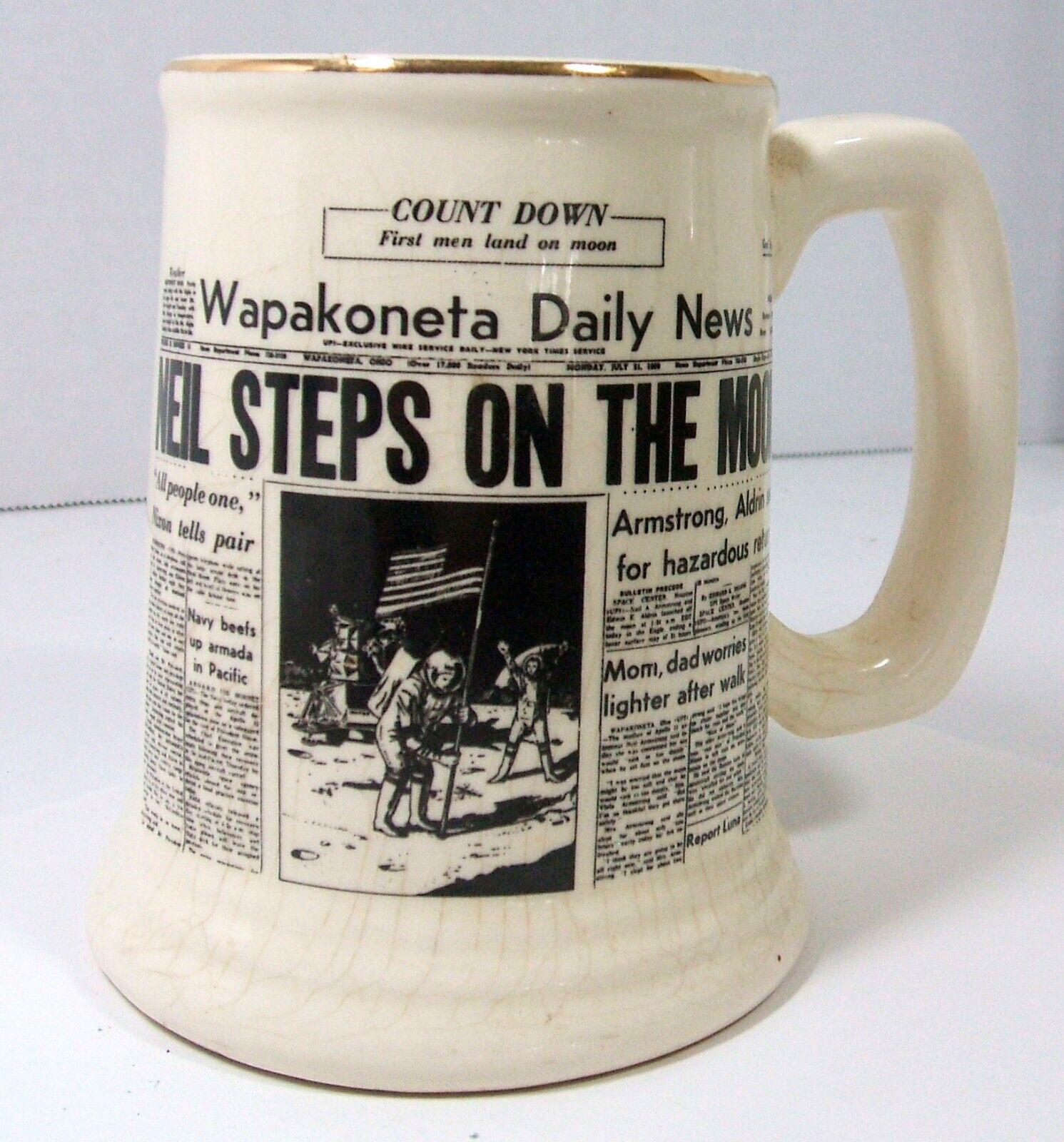Vintage NASA NEIL ARMSTRONG STEPS ON THE MOON Headlines Newspaper Ceramic Mug