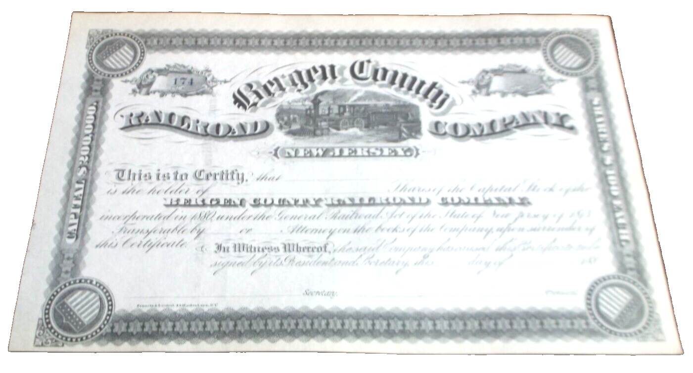 1880\'s BERGEN COUNTY RAILROAD LATER ERIE RAILROAD CAPITAL STOCK CERTIFICATE