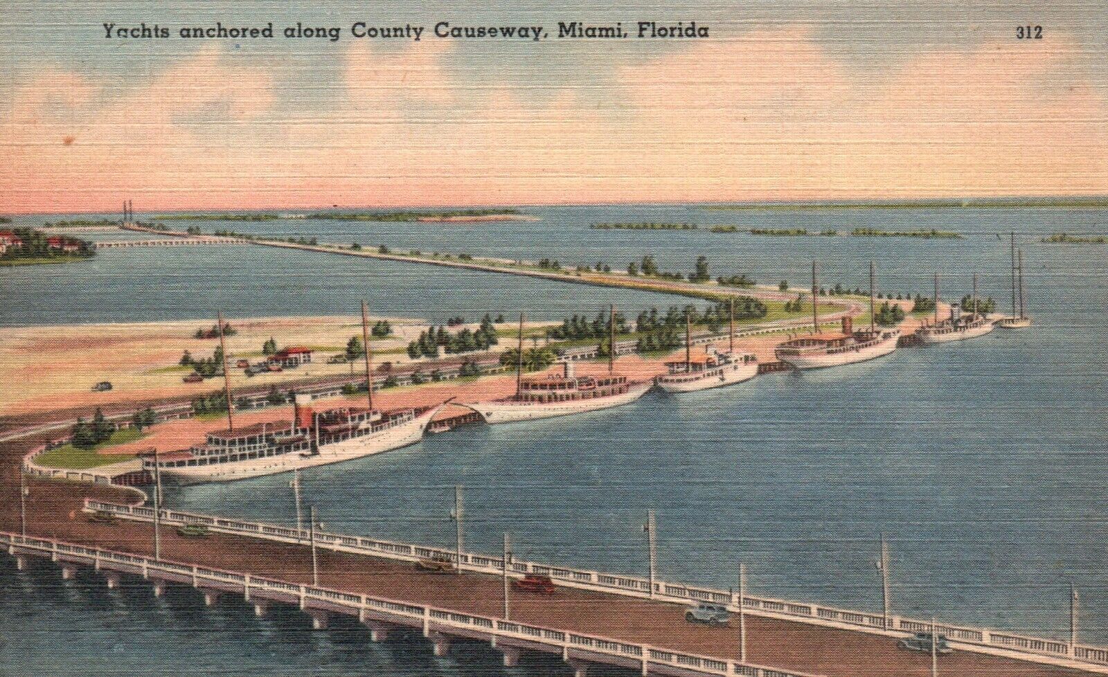Postcard FL Miami Yachts anchored along County Causeway Linen Vintage PC G1231