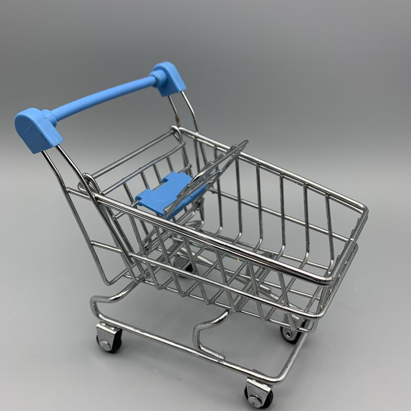 Metal Grocery Cart Mini Doll Sized Silver and Blue Small Shopping Cart