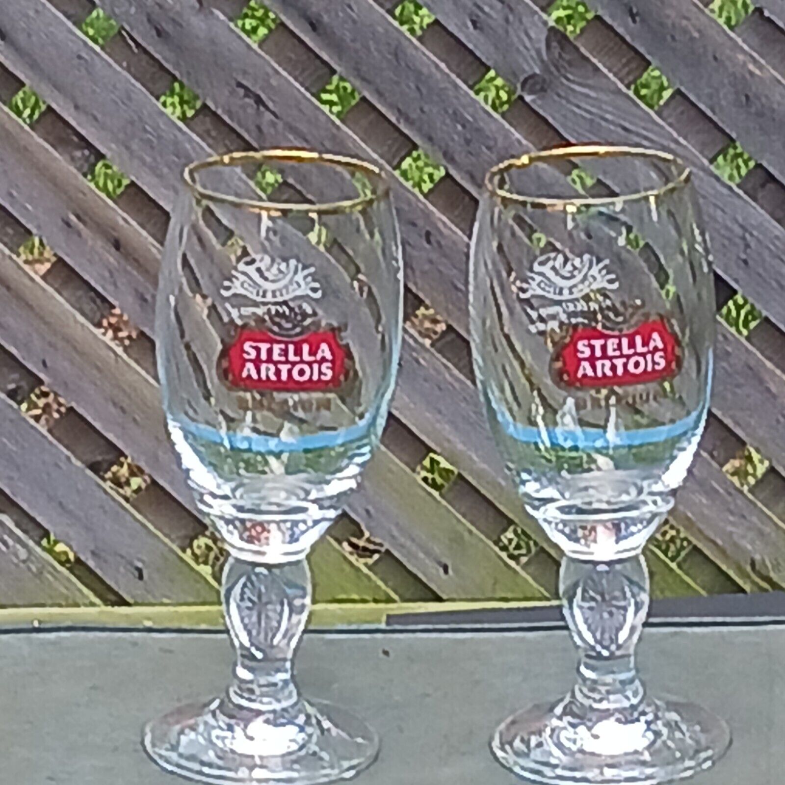 2 Stella Artois Belgium Gold Rimmed Beer Chalice Glasses 15 CL  6” Tall