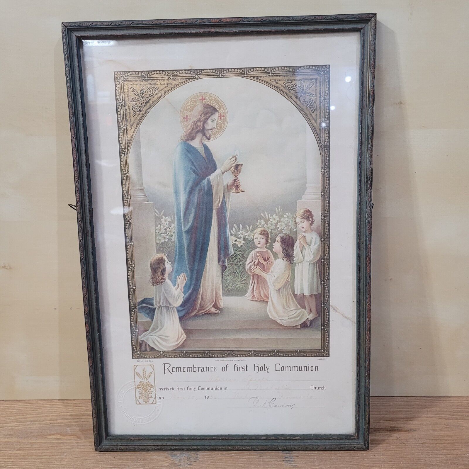 Vtg Remembrance Of First Holy Communion Framed Certificate 1935 Mahnomen MN Seal