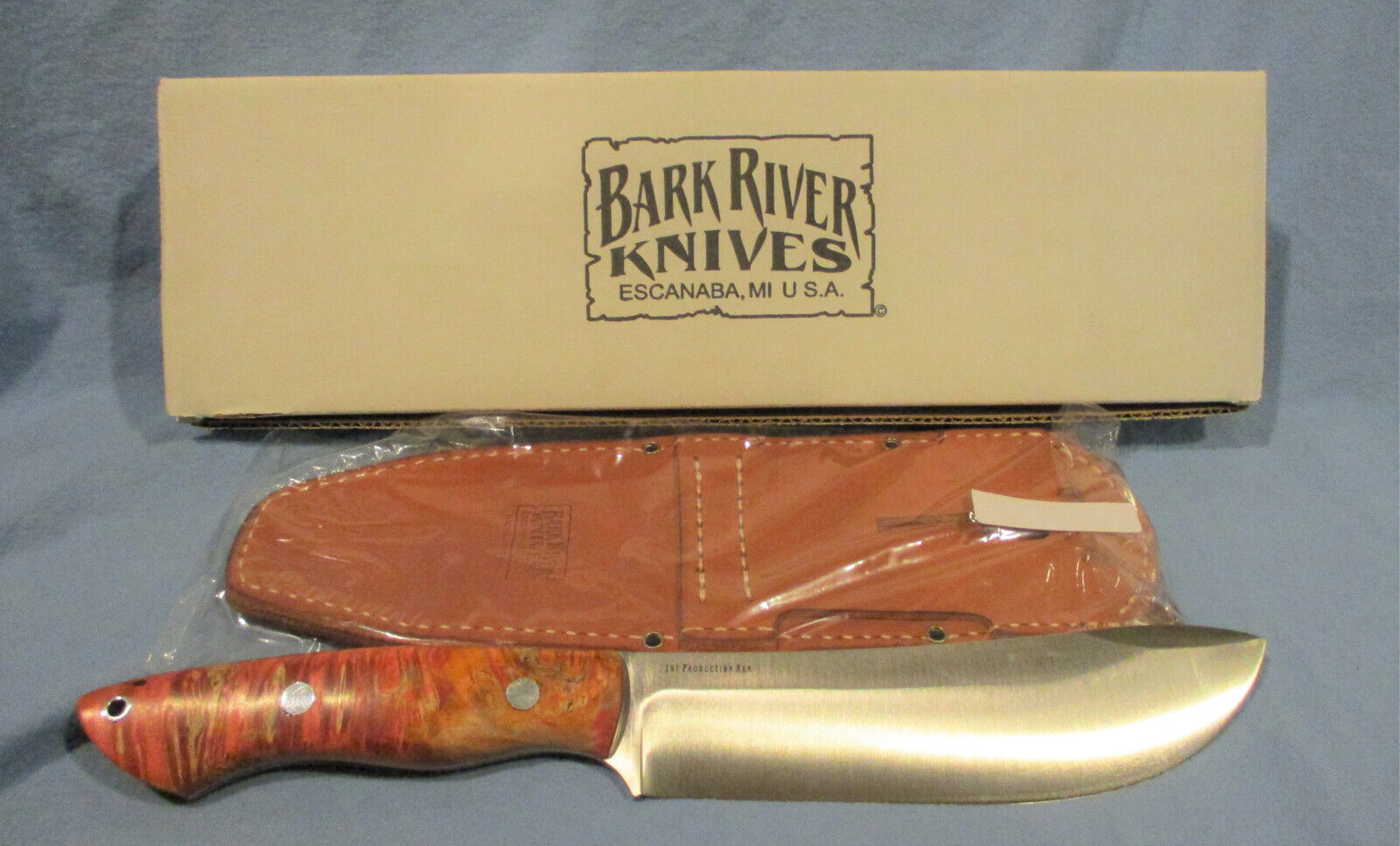 BARK RIVER KALAHARI II RED & GOLD BURL HANDLE KNIFE & SHEATH- 1ST RUN-NEW IN BOX