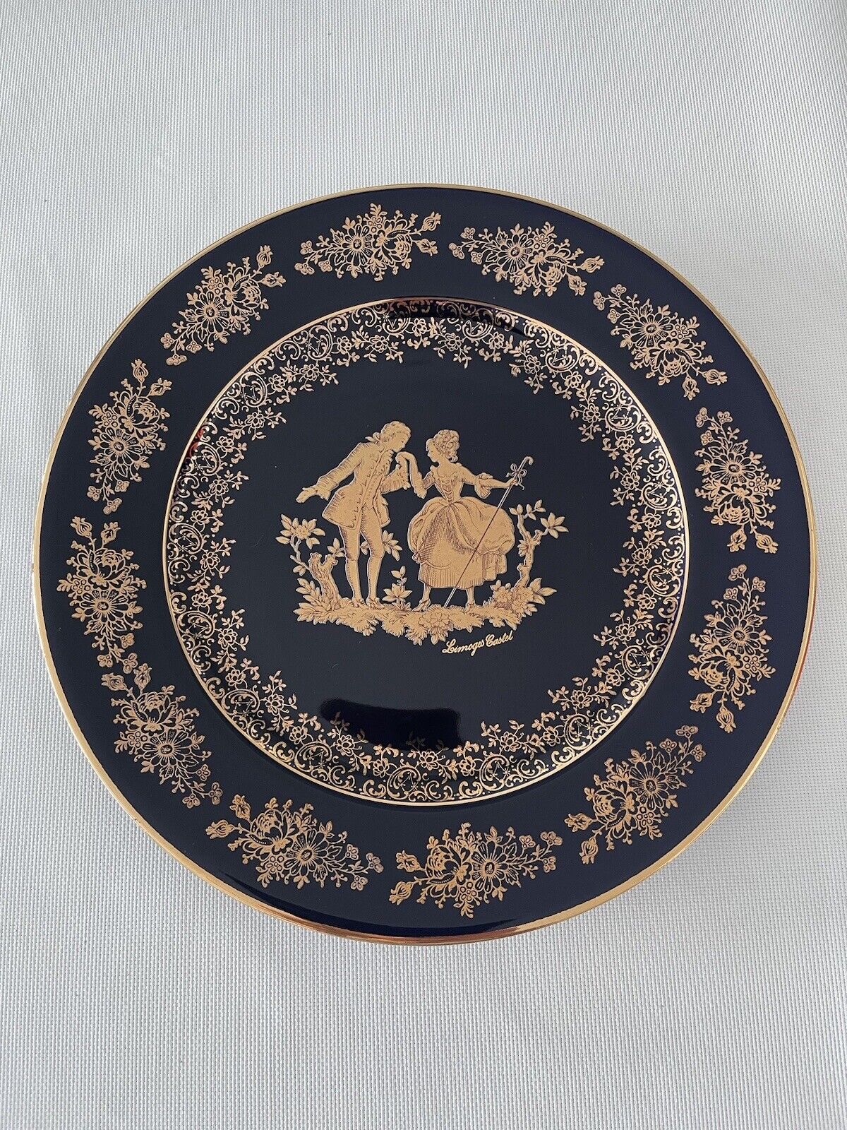 RARE VINTAGE Limoges WEDDING Couple Porcelain Plate Signed 22K Gold/Blue
