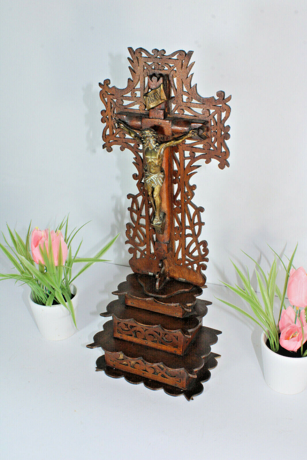 Antique French wood cut religious crucifix cross 