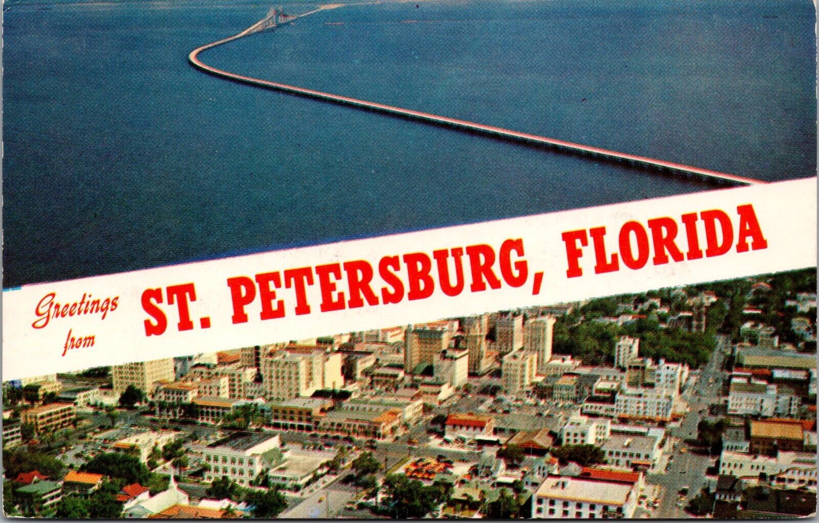 Dual Greetings St Petersburg FL Sunshine Skyway Aerial City Cars Chrome Postcard