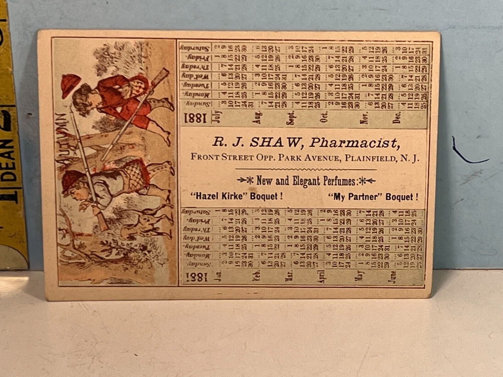 1881 R. J. Shaw Pharm Plainfield, NJ , Calendar, and Train Schedule