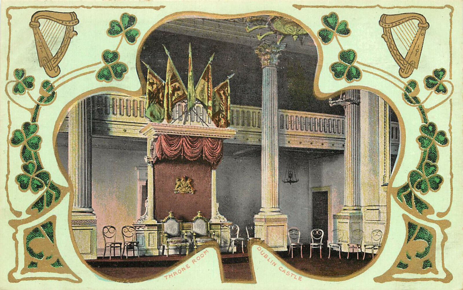 Vintage Postcard Throne Room Dublin Castle Ireland in Shamrock Vignette