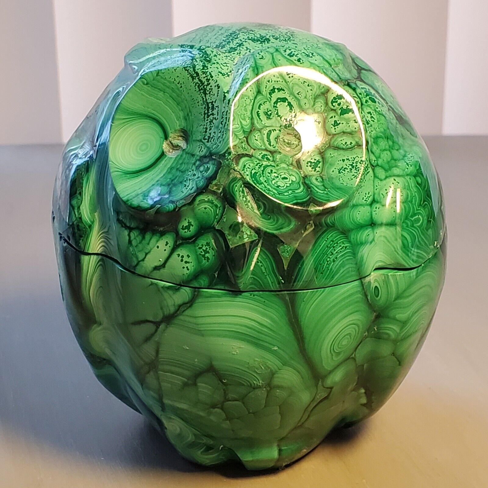 Natural Solid Carved Green Malachite Owl Figurine Lidded Jar Green Slag 2lbs+