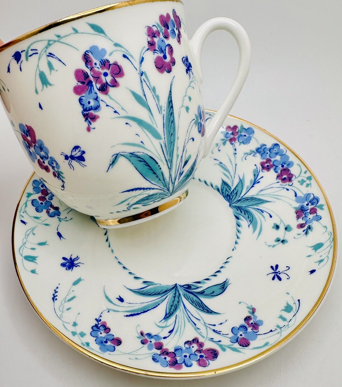 Vintage Lomonosov Cup & Saucer Russia Blue Purple Orchids Insects; Floral Teacup