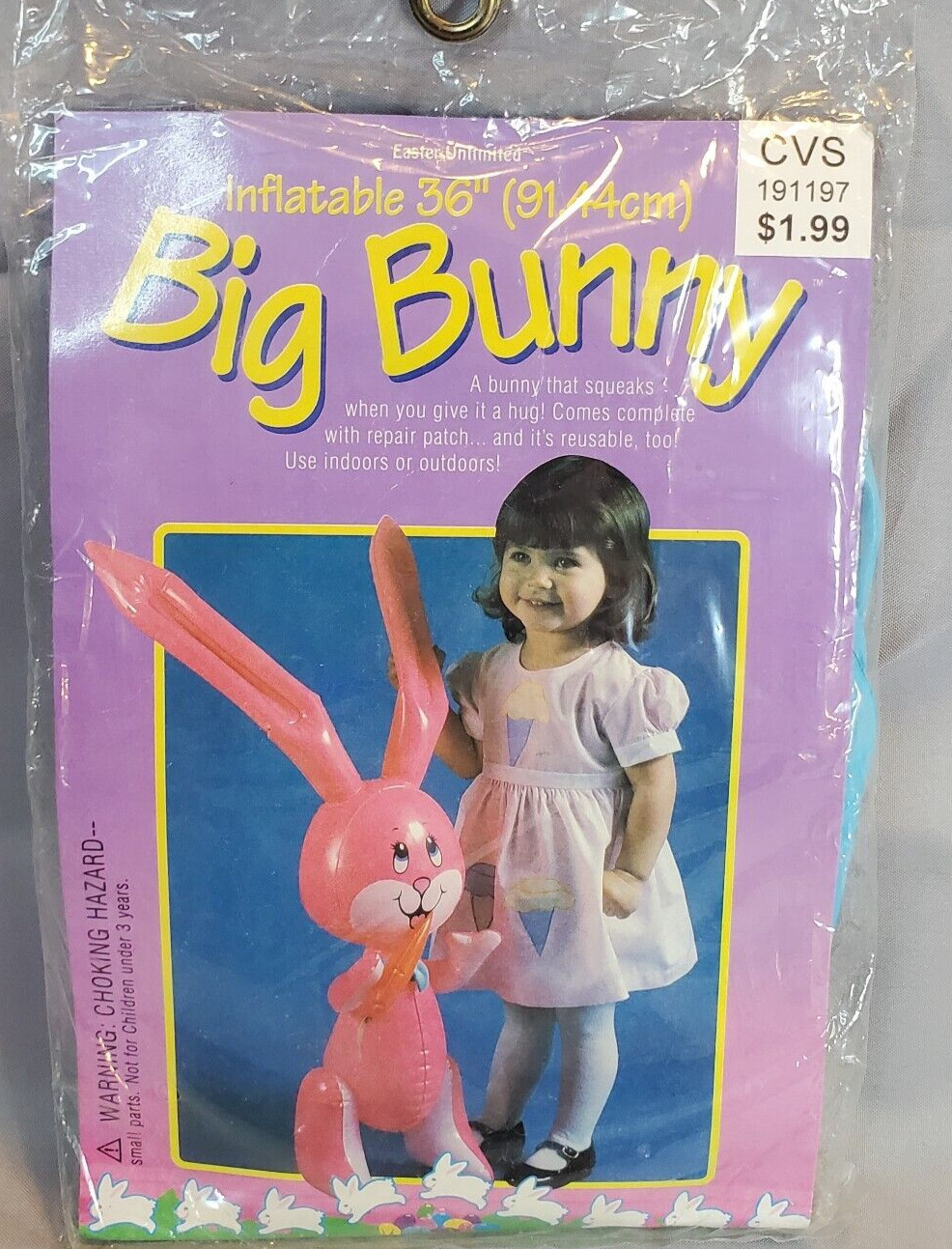 Inflatable Big Blue Easter Bunny 36” Rabbit Squeaks When You Hug Easter Vintage