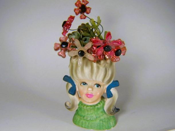 Lady Head Vase 1960s Enesco Blonde Mod Teen Pigtails w/ Black Ribbons Turtleneck