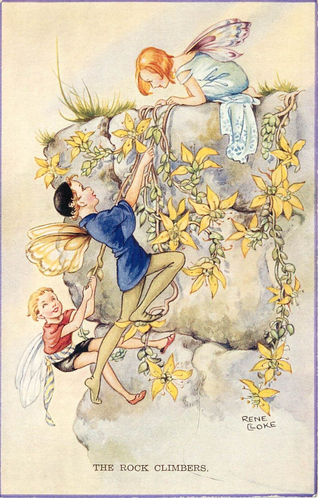 Rene Cloke Fantasy Art Postcard 5377. The Rock Climbers, Fairies & Stonecrop