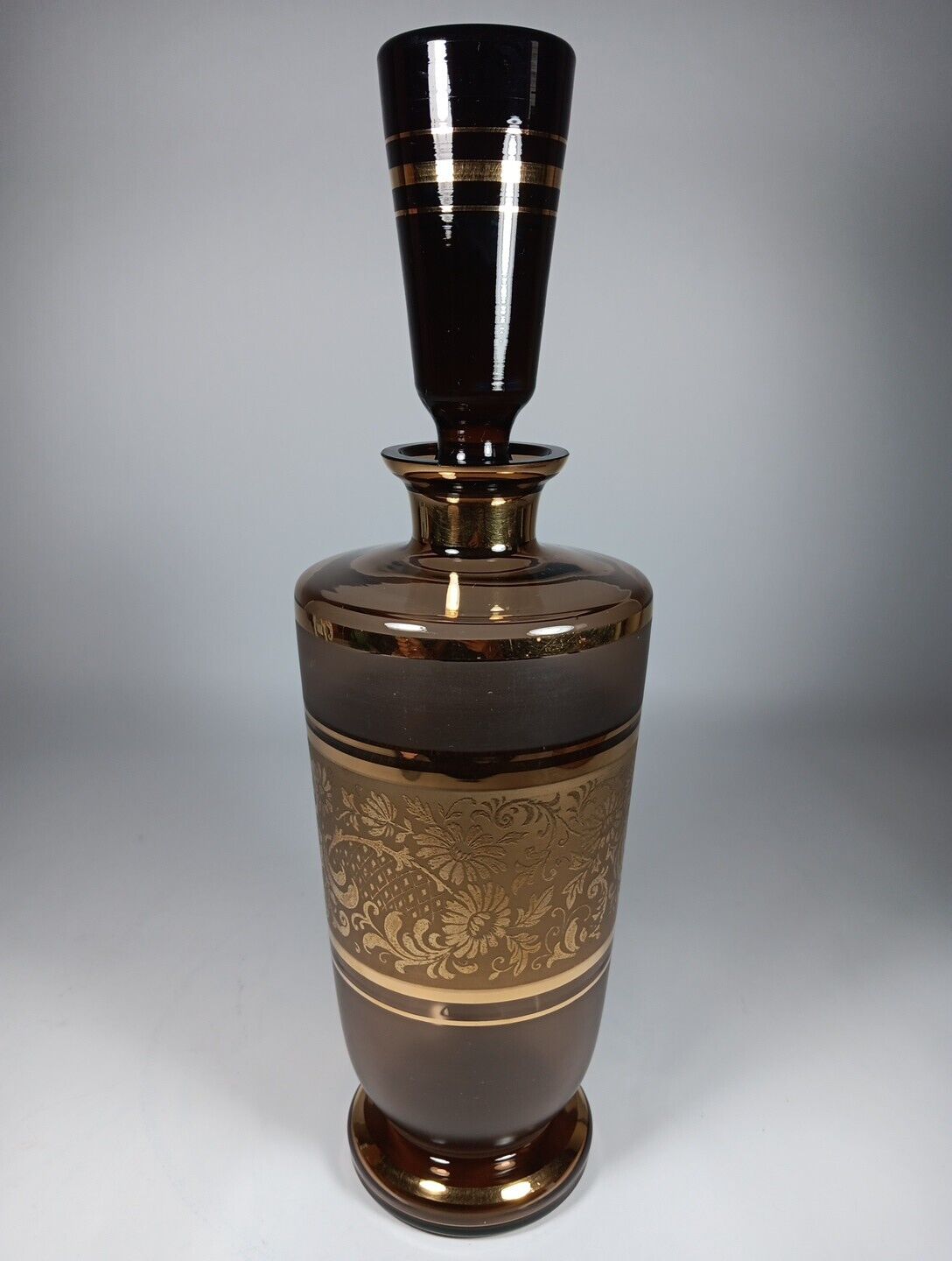 Vintage Amber Gold Filigree Frosted Glass Bottle Decanter 14\