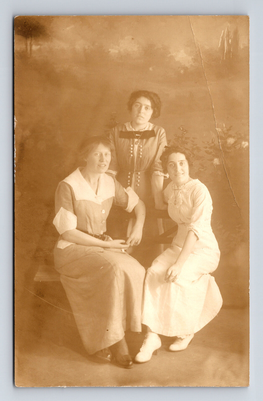 RPPC Portrait of Three Young Women Novelty Photo Studio Lewiston ME Postcard