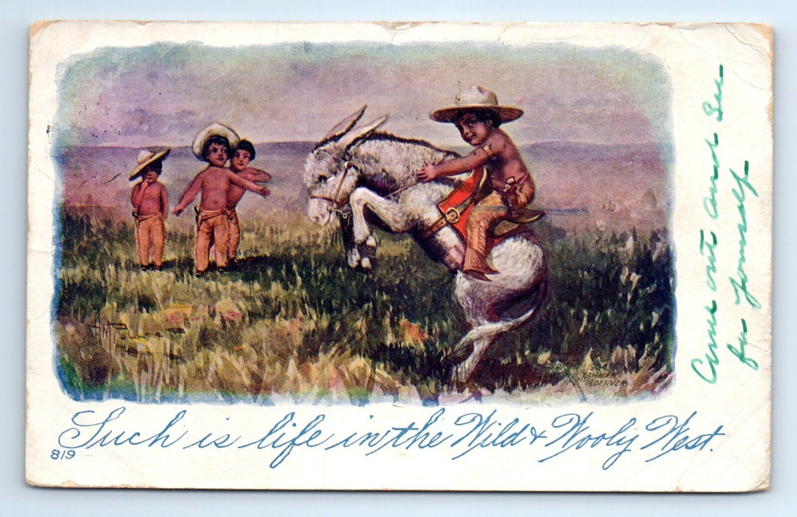 Native American Boy Burro Buster Life in the Wild Wooly West Postcard 1906