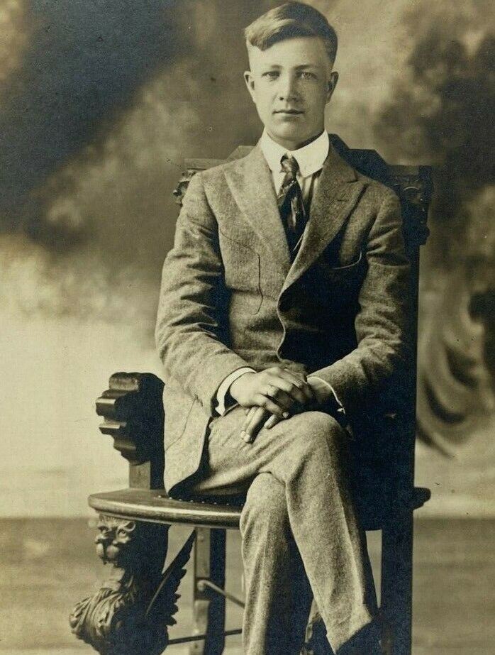 Man Suit Sitting Carved Chair Helmer Peterson Vintage RPPC Photo Postcard