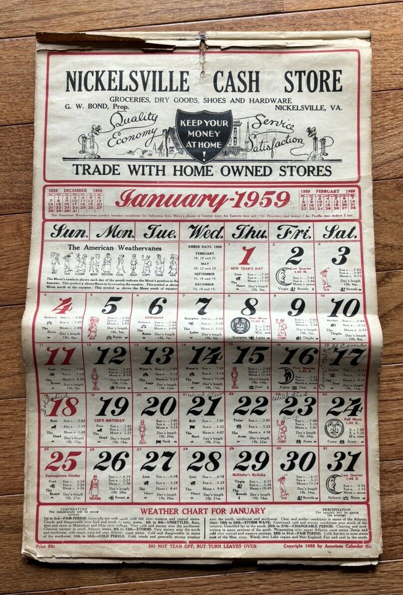 Vintage 1959 Nickelsville, Virginia /Cash Store Calendar - Complete - VG