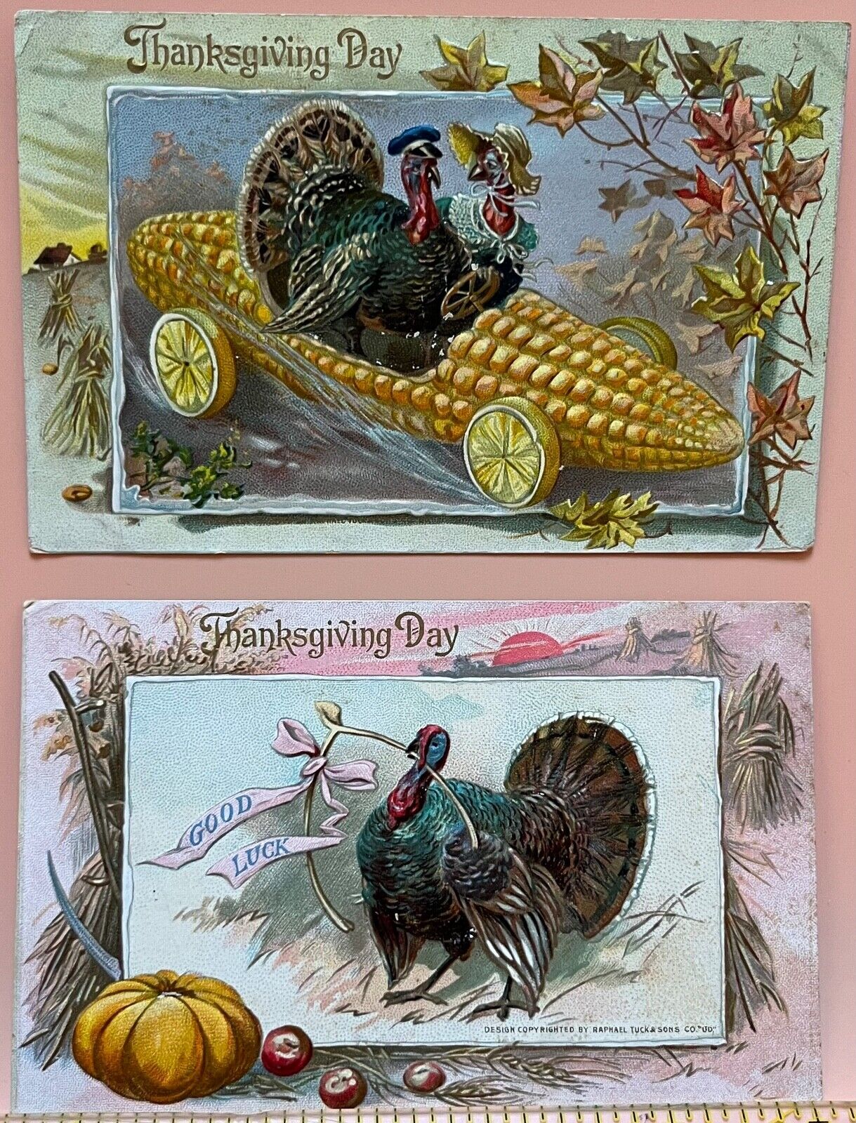 2 Antique Raphael TUCK Postcards THANKSGIVING DAY No. 175 Turkeys Corncob Car
