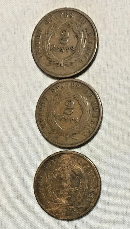 Civil War copper 2 cent piece coins 1864 1864 1865 Three coins ungraded