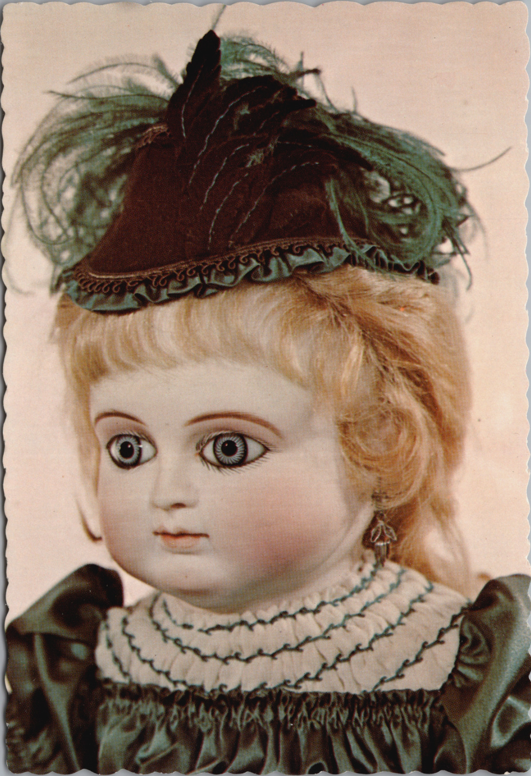French Bisque SCH Schmidt Doll Blue Eyes Feather Hat Ruffled Dress Pierced Ears