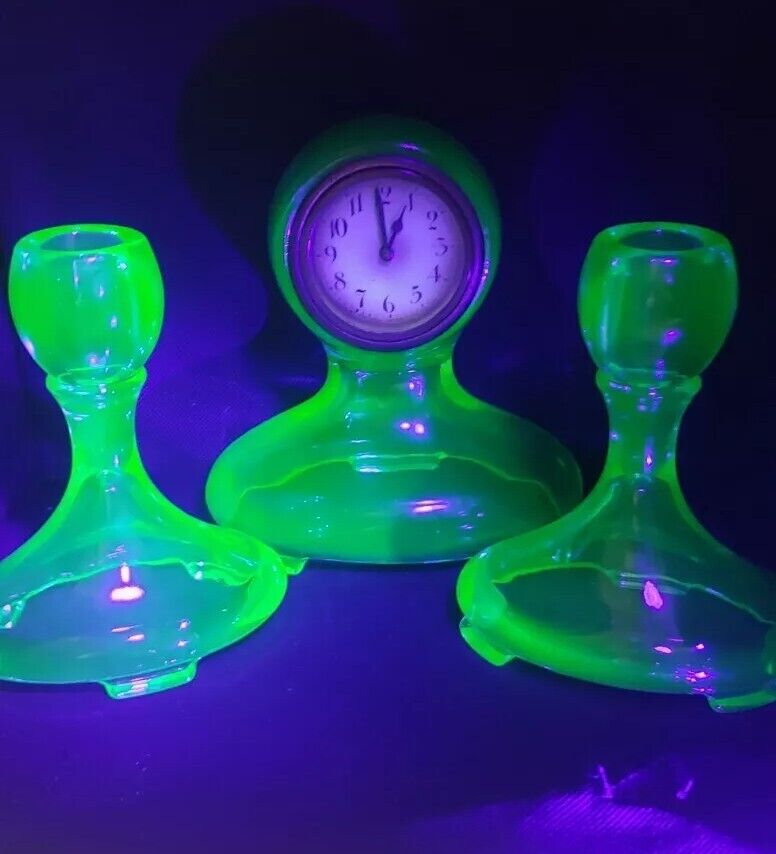 Antique Fostoria Uranium Glass Console Clock Set 