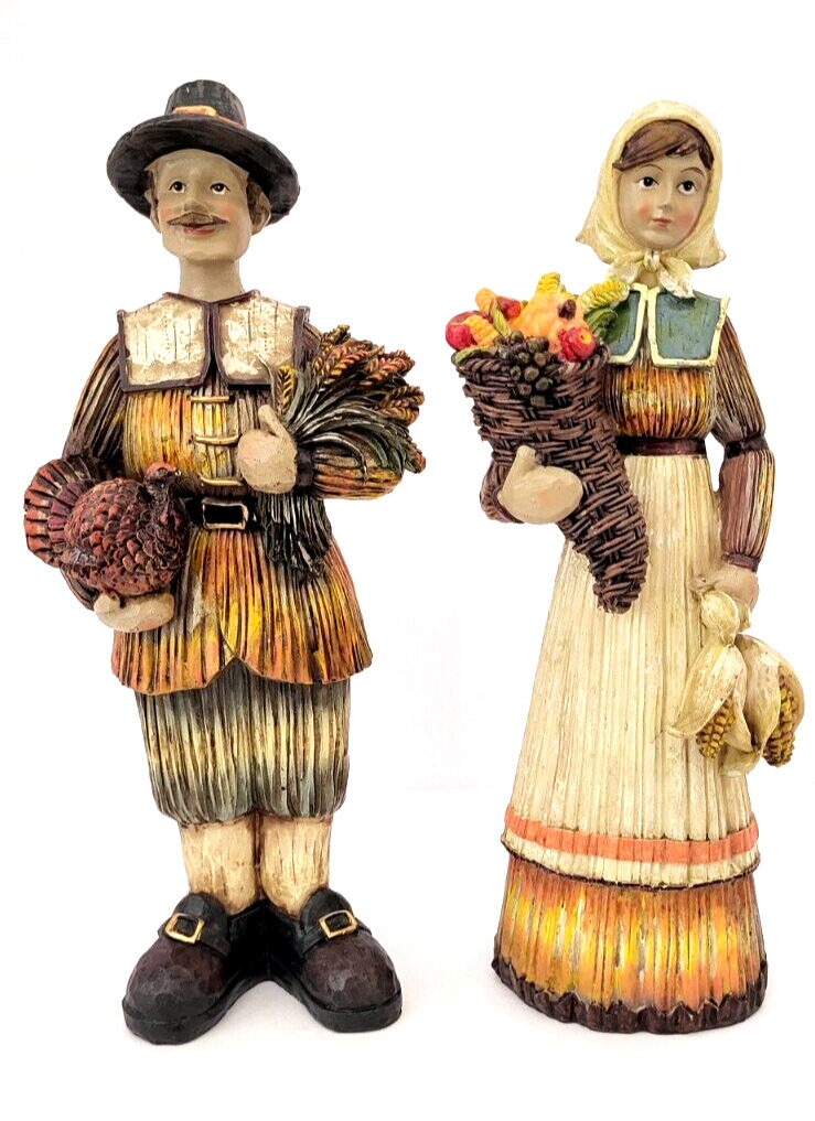 Pilgrim Man and Woman Figurines Thanksgiving Decor Harvest Handcrafted Resin