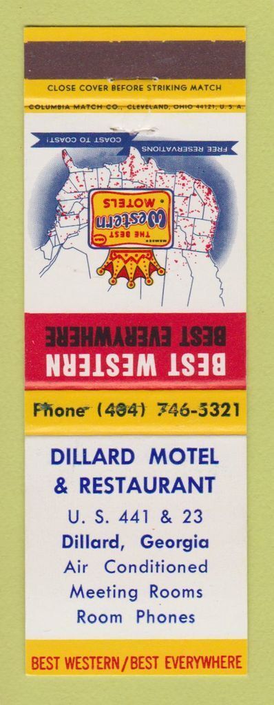 Matchbook Cover - Best Western Dillard Motel Dillard GA