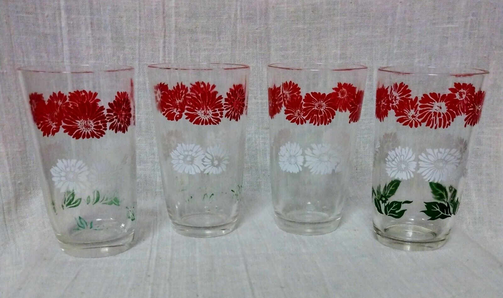 Vintage Juice Glasses Red Green White Floral Pattern - Set of 4