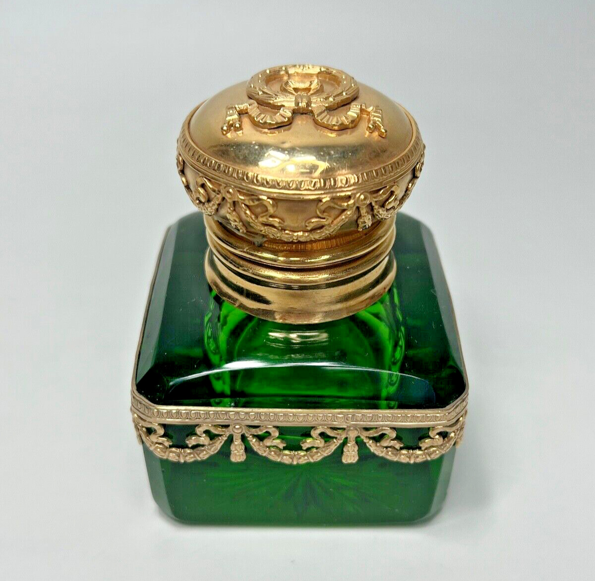 Antique Palais Royal Grand Tour French Empire Green Glass Ormolu Mounted Inkwell