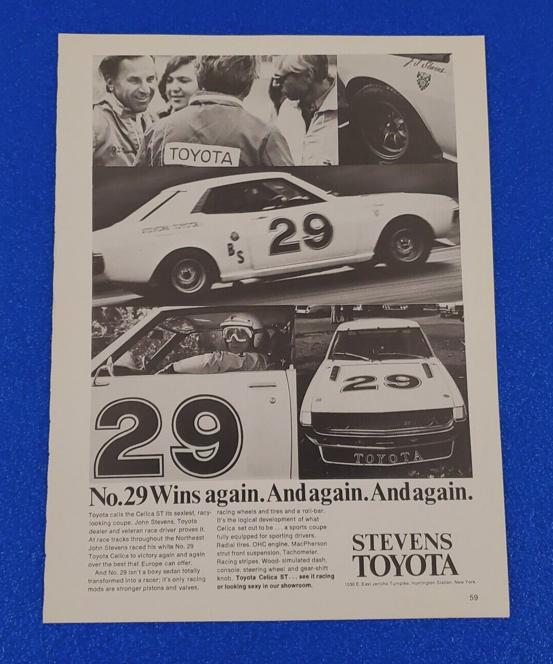 1973 TOYOTA CELICA ST #29 RACE CAR - DRIVER JOHN STEVENS - ORIGINAL PRINT AD