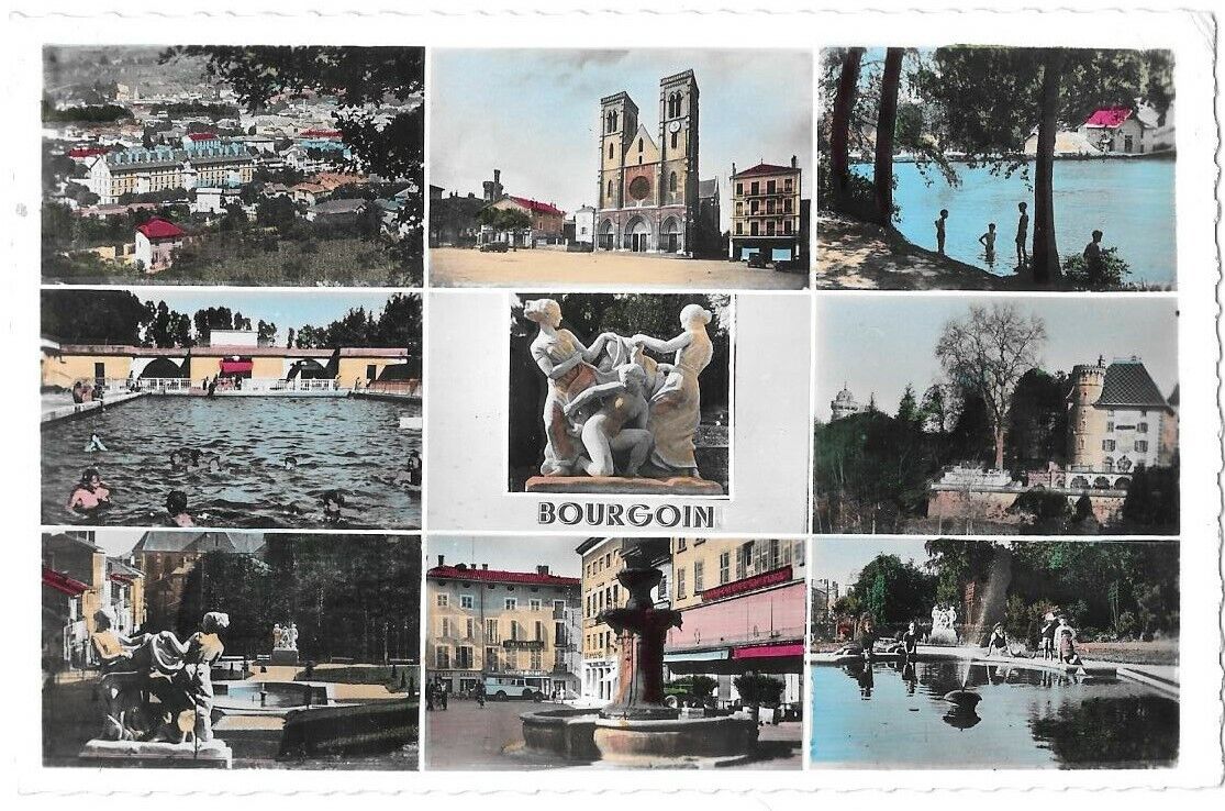 BOURGOIN 38 City CPSM colorized multi-view written to Mr. Guy de Bas-Thorenc 1955