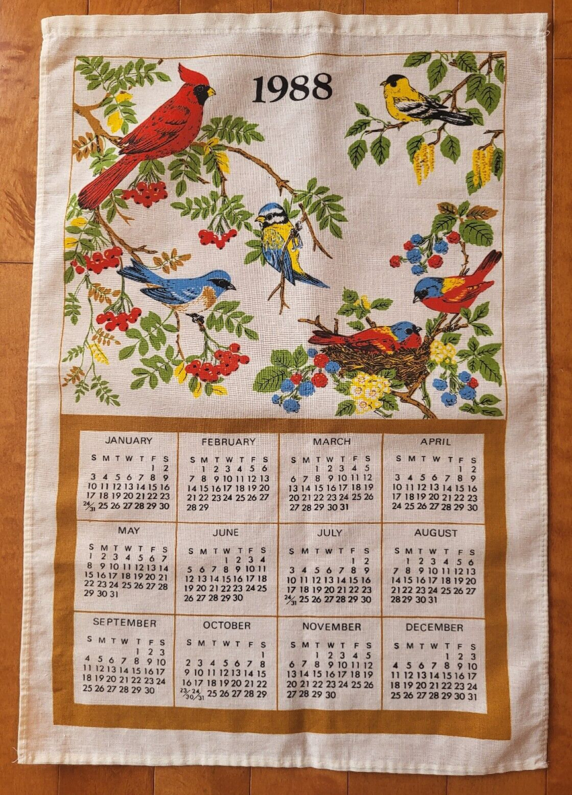 Vintage 1988 Calendar Linen Kitchen Tea Towel BIRDS & BERRIES 16\