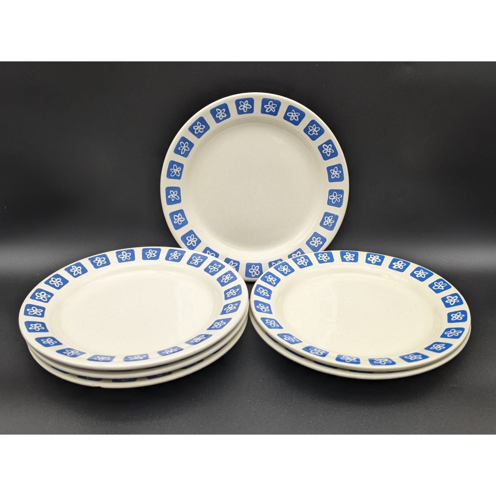 Mid-Century Romanian Made Blue Flower Patio Luncheon Plates | Rare Set of 6