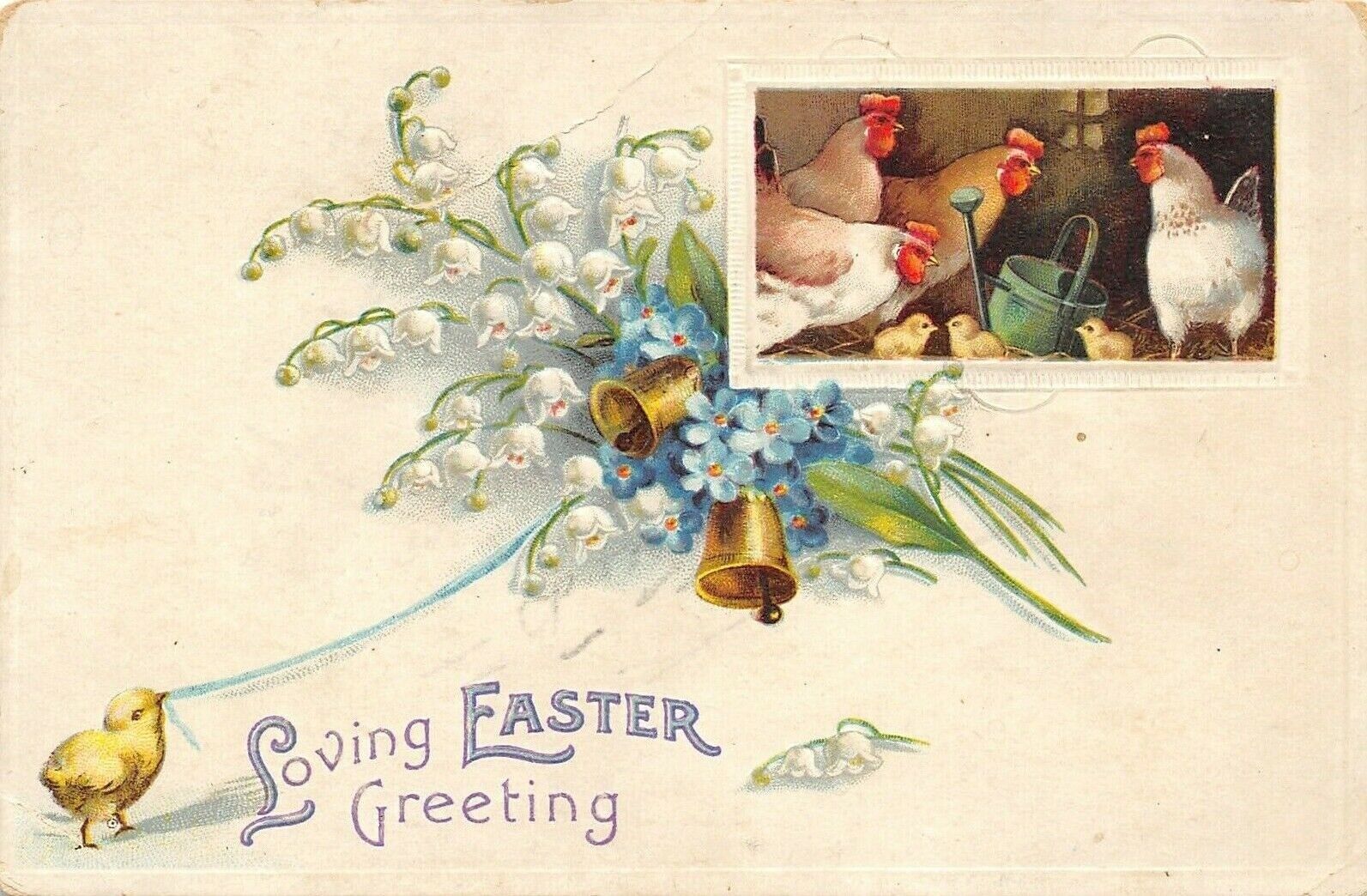 Clapsaddle Easter~Chick Pulls Bells in Lily Valley~Hens & Chicks in Barn~Emboss