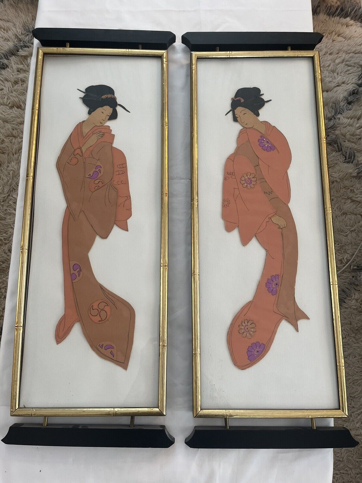 Vintage Collaged Paper Asian Art. Beautifully Framed. 29”x 9 1/2”.