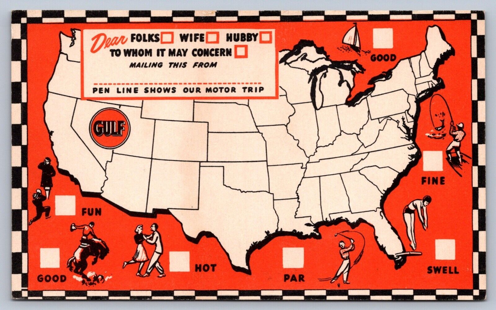 Postcard Gulf Oil Map of the USA Travel Advertising