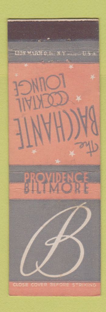 Matchbook Cover - Providence Biltmore Hotel RI Bacchante Cocktail Lounge