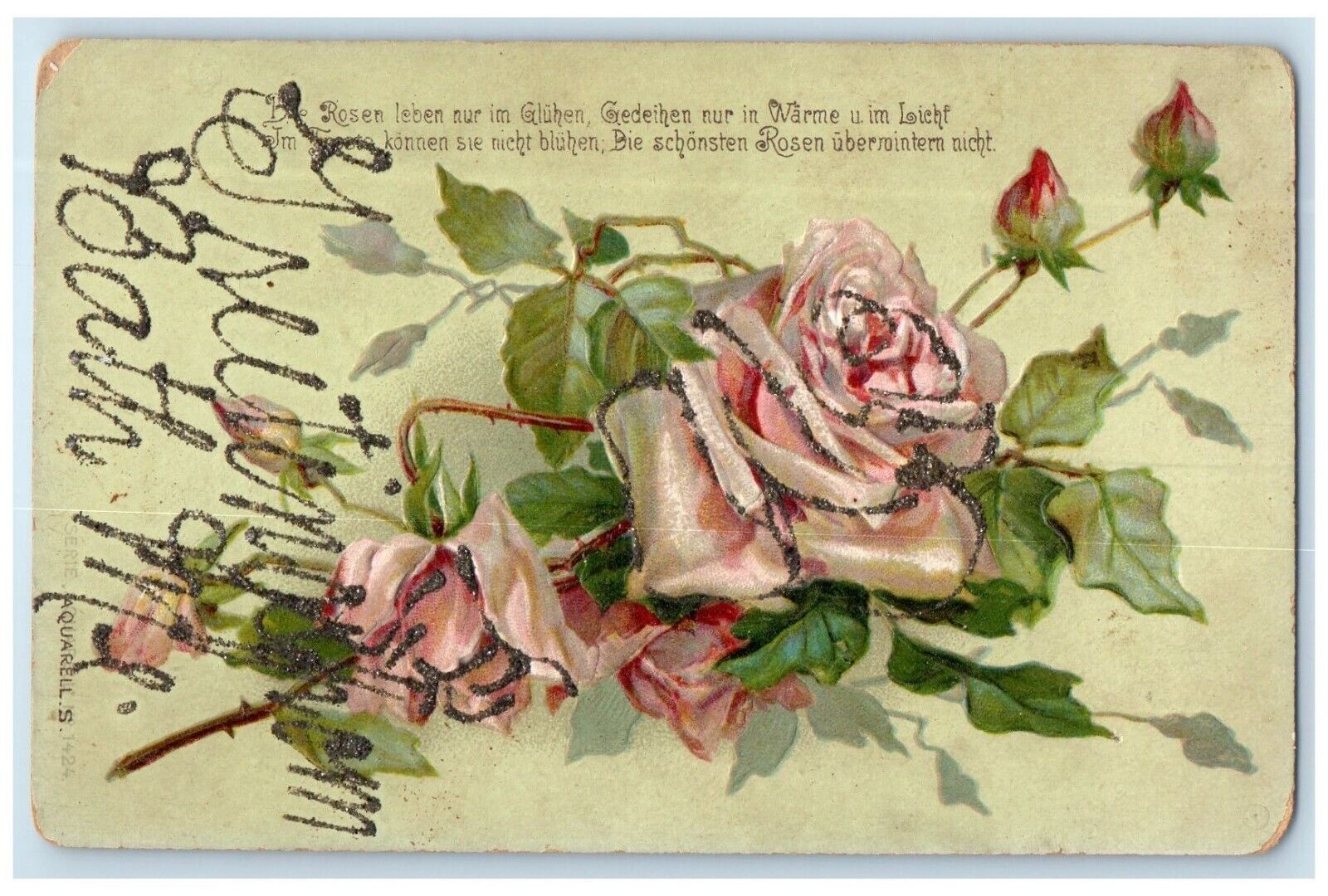 c1910 Pink Roses Leaves Bath Maine ME Vintage Antique Embossed Glitter Postcard