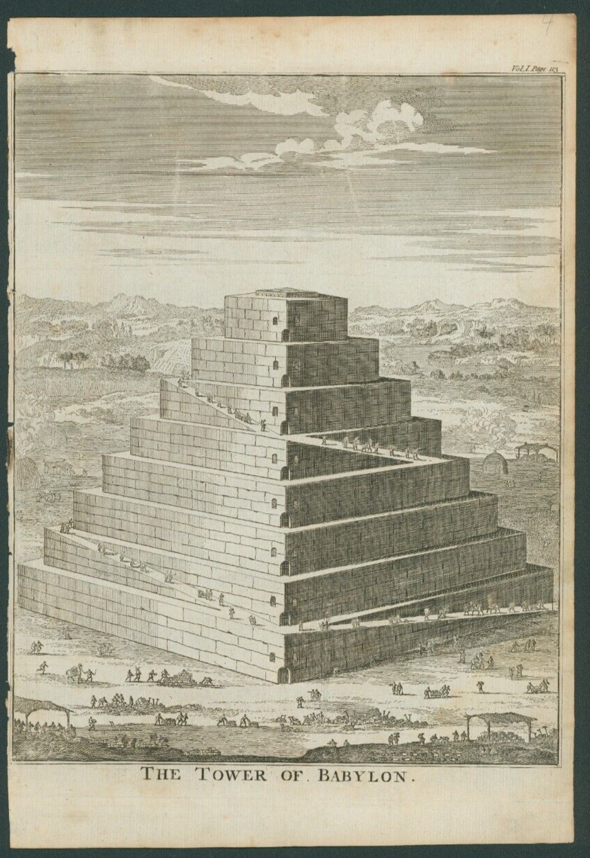 Amazing 17th century Full-page Woodcut of Biblical Tower of Babylon  #Bible
