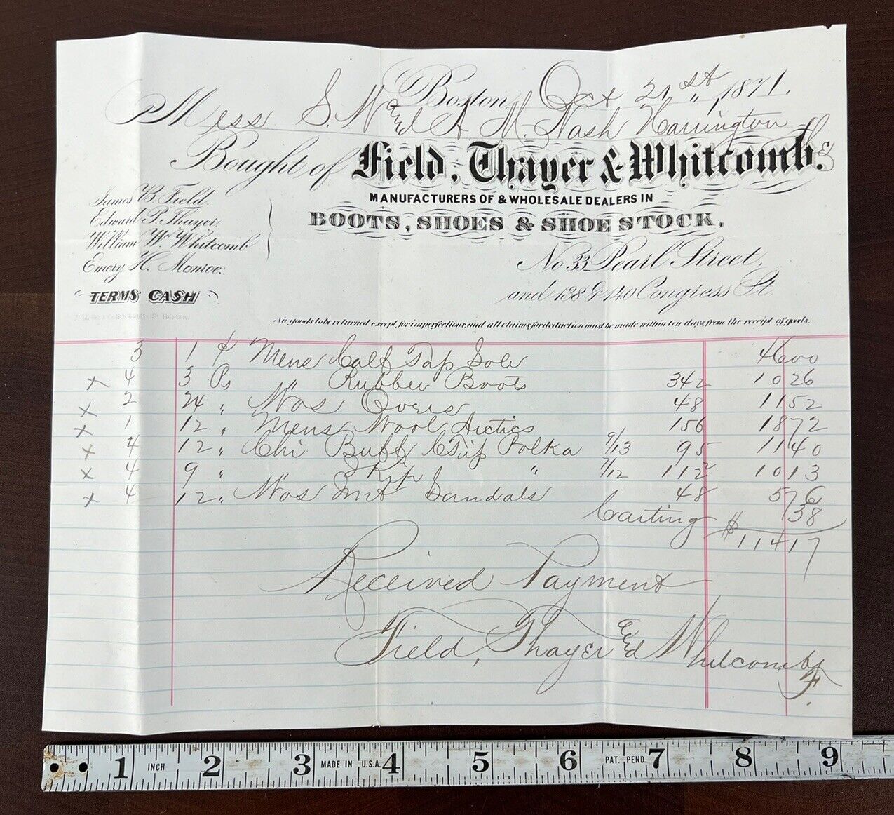Antique 1871 Ephemera Letterhead Receipt Field, Thayer & Whitcomb Boston Boots